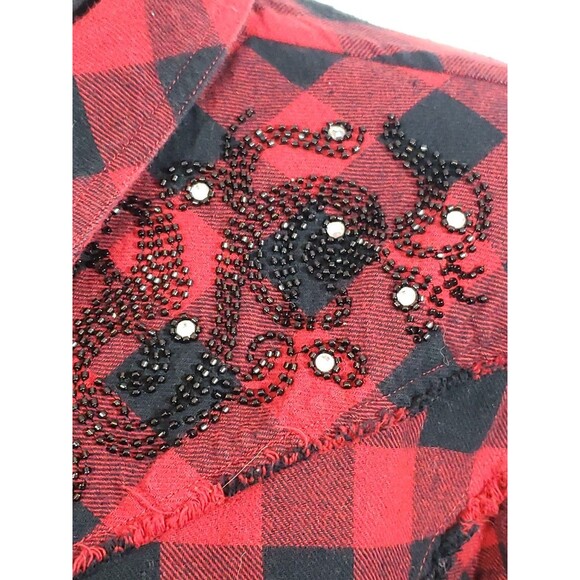Reba Size Large Buffalo Plaid Red Black Snap Up Beaded Raw Edge Flannel Shirt - Picture 4 of 14